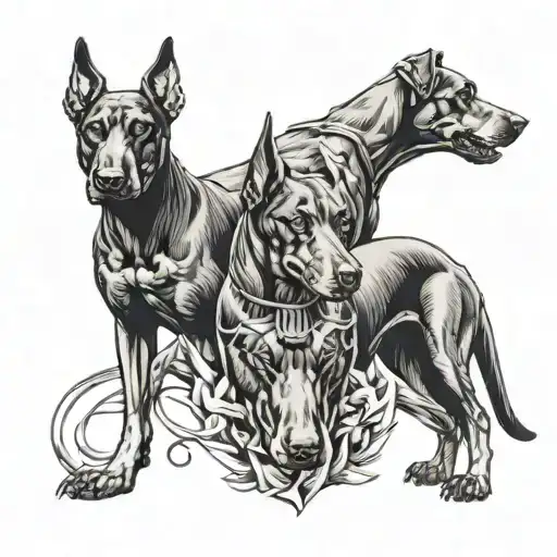 Cerberus doberman dog tattoo design idea