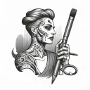 A creative tattoo design blending makeup artistry tools and corporate symbols in a sleek and modern black-grey style, reflecting the client's dual occupations tattoo design idea
