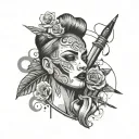 A creative tattoo design blending makeup artistry tools and corporate symbols in a sleek and modern black-grey style, reflecting the client's dual occupations tattoo design idea