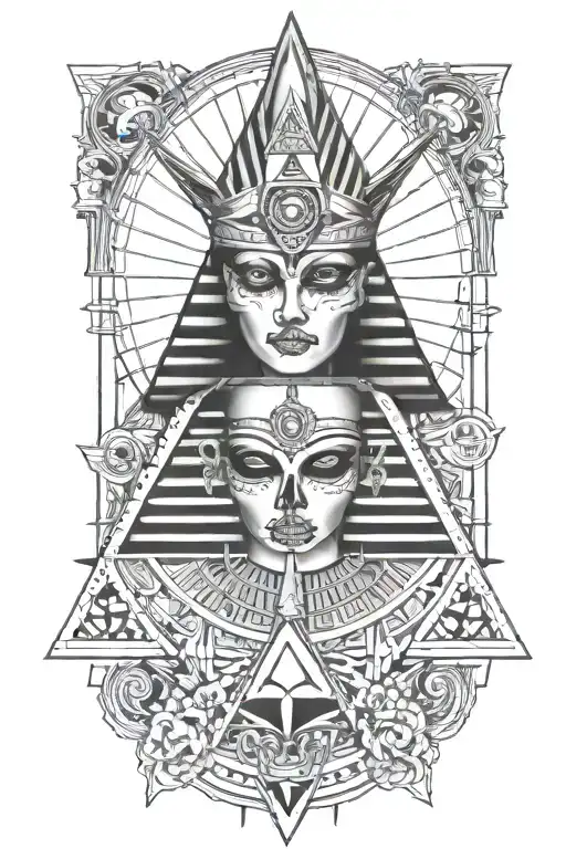  egyption goddess, skull background, pyramid, all seeing eye tattoo design idea