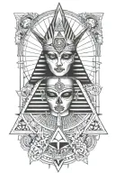  egyption goddess, skull background, pyramid, all seeing eye tattoo design idea