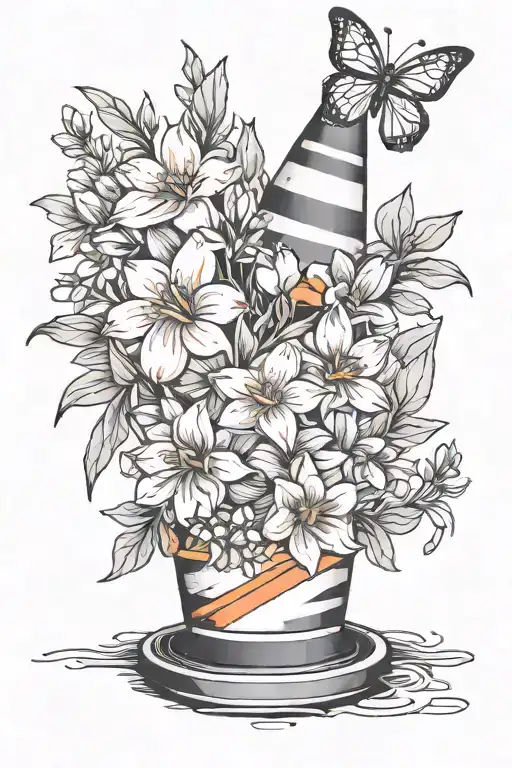 traffic cone with narcissist flowers tattoo design idea