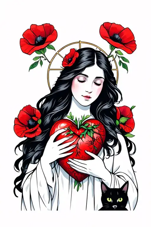brunette virgin holds a sacred heart with poppies and a black cat tattoo design idea