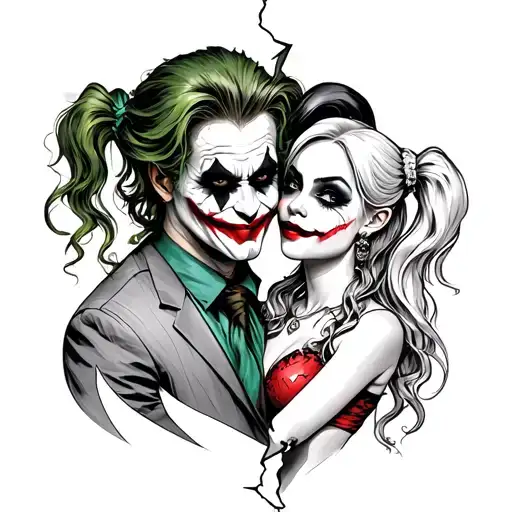 A tattoo of a broken heart with The Joker and Harley Quinn embracing each other, representing the duality of love and pain tattoo design idea