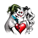A tattoo of a broken heart with The Joker and Harley Quinn embracing each other, representing the duality of love and pain tattoo design idea