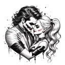 A tattoo of a broken heart with The Joker and Harley Quinn embracing each other, representing the duality of love and pain tattoo design idea