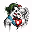 A tattoo of a broken heart with The Joker and Harley Quinn embracing each other, representing the duality of love and pain tattoo design idea