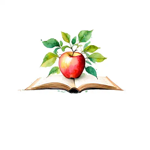 apple tree sprouting from book open in front tattoo design idea