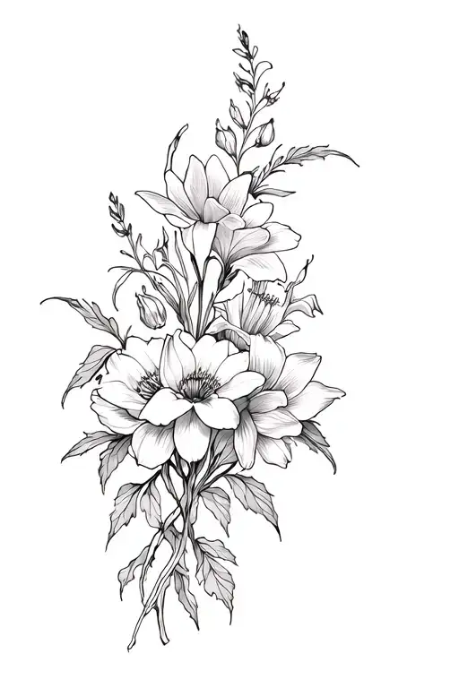long fine line with lots of gladiolus flowers, poppy flowers, water lily’s, and larkspur flowers on a vine on spine  tattoo design idea