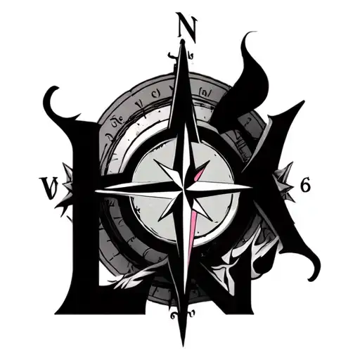 A compass and pink of the winds with the letters L, a, n the dates 11/12/13.28/05/18.09/10/18 Gothic letters tattoo design idea