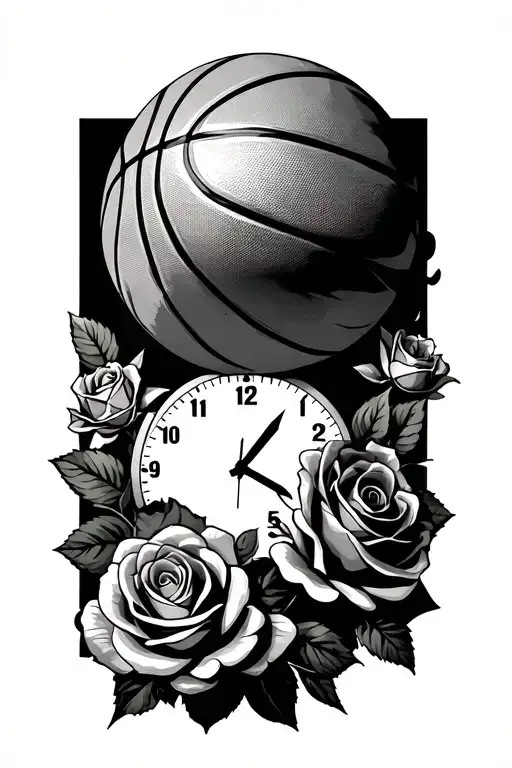 "24 hour person" with a basketball,clock and roses tattoo design idea