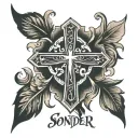 cross with word sonder tattoo design idea