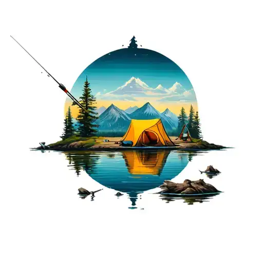 camping and fishing scene tattoo design idea