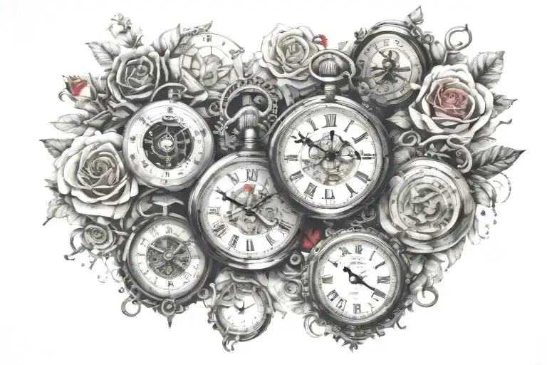 pocket watches with names, time and dates arranged on rosery bead necklace surrounded in roses tattoo design idea