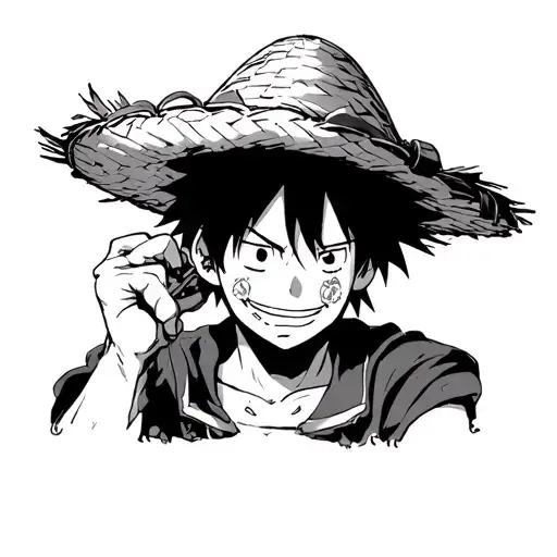 A dynamic black-and-white manga-style ink drawing of a pirate boy with a straw hat, resembling Monkey D. Luffy, leaning  tattoo design idea
