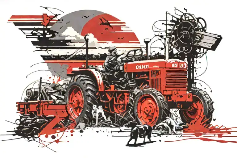 back and white sunset with tractor and dog sitting infront  tattoo design idea