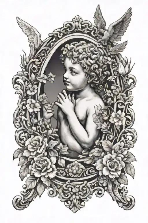 The cherub angel looking into an ornate, vintage mirror. Surround the mirror with the mirror with flowers and a cross tattoo design idea