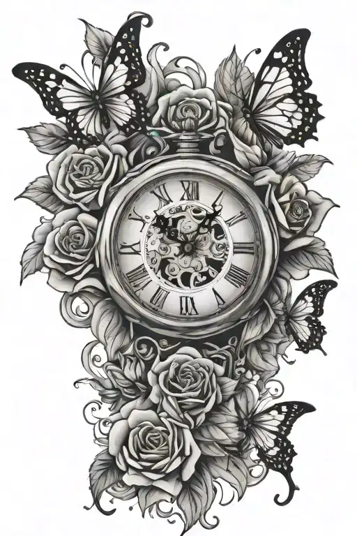 clock melting, roses and butterflies tattoo design idea