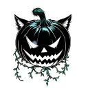 jack-o-lantern but make it have Elvis hair, cat ears and whiskers. add draping vines that have two sets of initials tattoo design idea