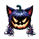 jack-o-lantern but make it have Elvis hair, cat ears and whiskers. add draping vines that have two sets of initials tattoo design idea