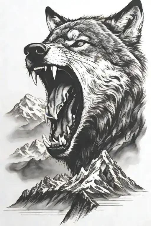 growling wolf face and realistic rocky mountains inside tattoo design idea
