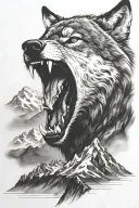 growling wolf face and realistic rocky mountains inside tattoo design idea