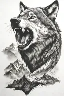 growling wolf face and realistic rocky mountains inside tattoo design idea