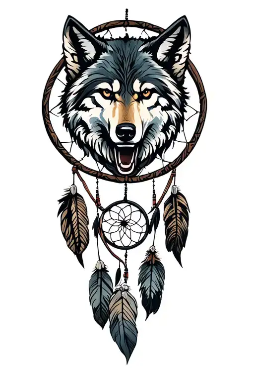 dreamcatcher intertwined with maori design featuring a wolf tattoo design idea