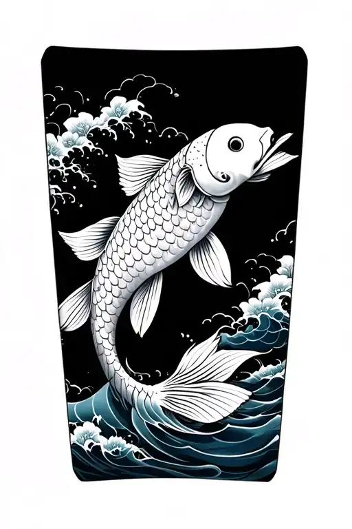 lower arm sleeve, koi fish with big scales, black and grey, waves and water background, balance dark and light, no color tattoo design idea