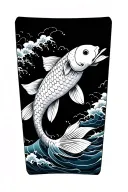 lower arm sleeve, koi fish with big scales, black and grey, waves and water background, balance dark and light, no color tattoo design idea