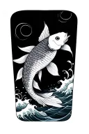 lower arm sleeve, koi fish with big scales, black and grey, waves and water background, balance dark and light, no color tattoo design idea
