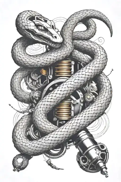 A sleek black and grey tattoo of a snake coiled around a vintage engine, symbolizing music and reptiles  tattoo design idea