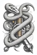 A sleek black and grey tattoo of a snake coiled around a vintage engine, symbolizing music and reptiles  tattoo design idea