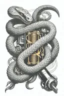 A sleek black and grey tattoo of a snake coiled around a vintage engine, symbolizing music and reptiles  tattoo design idea