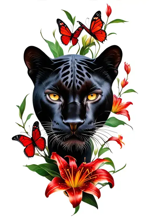 realistic black panther tattoo(colored trees,red lily’s,red butterflies, red vines, pretty feminine) tattoo design idea