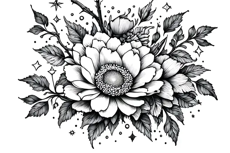 fineline vine with peony, daisy, rose, lotus, stars, mandala tattoo design idea