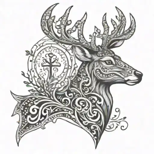 A dotwork tattoo of a majestic deer with antlers intertwined with Christian symbols like a cross and a dove, representing the hunter's passion for the outdoors and faith tattoo design idea