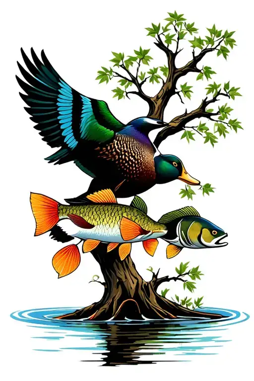 water oak tree silhouette, mallard drake, crappie fish tattoo design idea