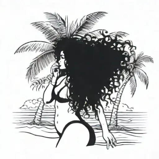 A sexy girl with big curly hair in a bikini stands under a coconut tree on the beach tattoo design idea