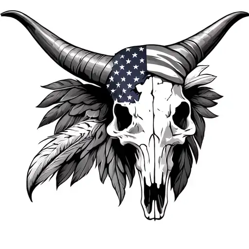 longhorn skull with tattered American flag on one horn and eagle feathers on the other tattoo design idea