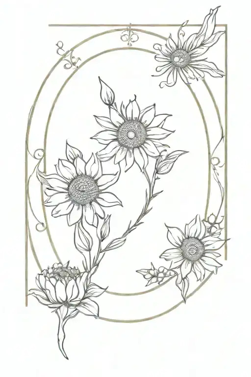 a vintage tarot style sun with daisies and sweet pea flowers framing it tattoo design idea