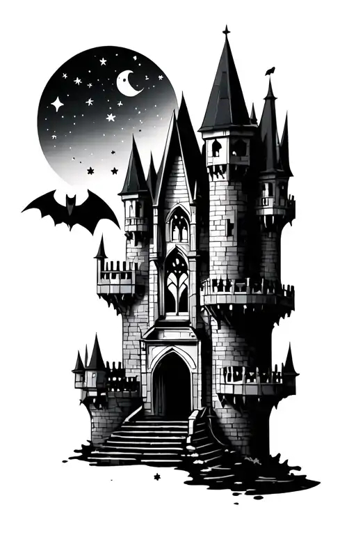 dark fantasy castle with big Windows and bats cresent moon stars tattoo design idea
