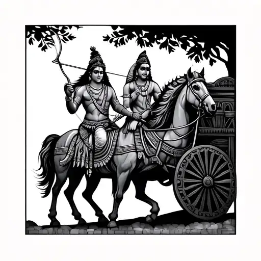 minimal doodle of arjuna with a bow on chariot and krishna having peacock feather on head holding the rope to the horses tattoo design idea