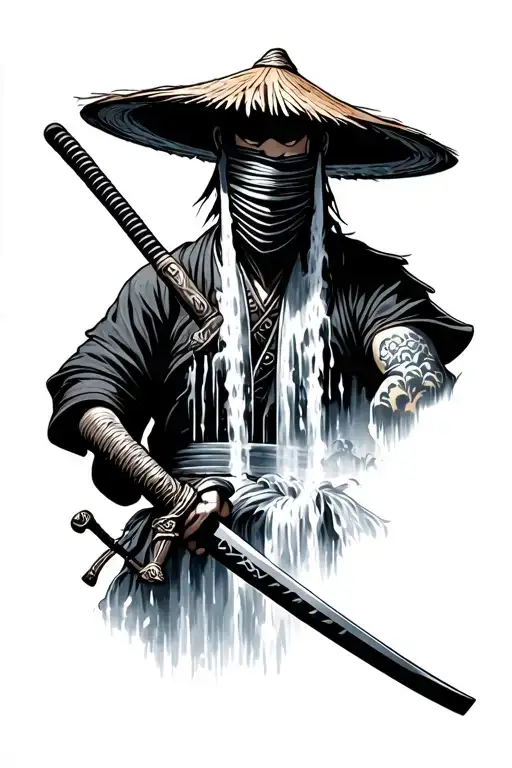 Japanese Ronin wielding katana and wearing strawhat covering his face with waterfall behind tattoo design idea