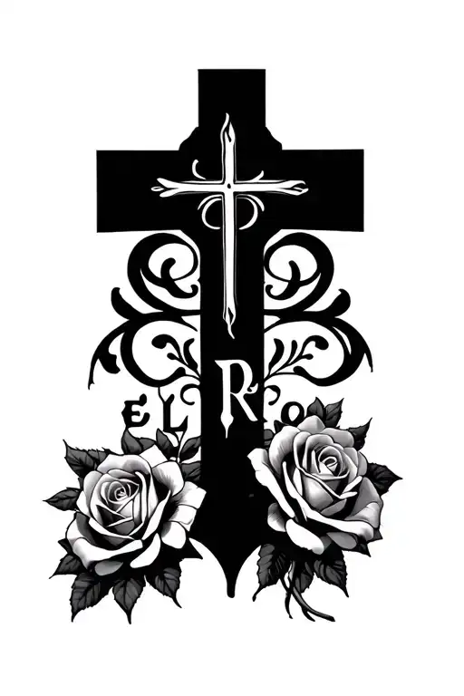 cross and roses tattoo with the name El Roi negative space  tattoo design idea