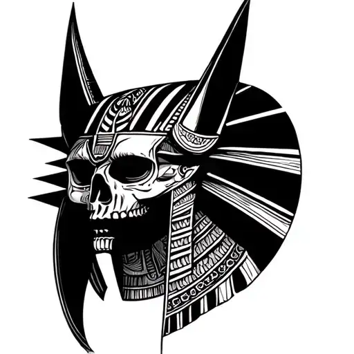 Anubis Egyptian God with half skull face morphing tattoo design idea