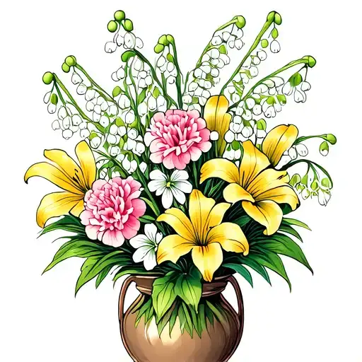 traditional style bouquet with lilies of the valley, Hawthornes, snowdrops and carnations in a vase tattoo design idea