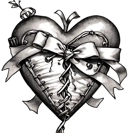 broken heart with corset ribbon tattoo design idea