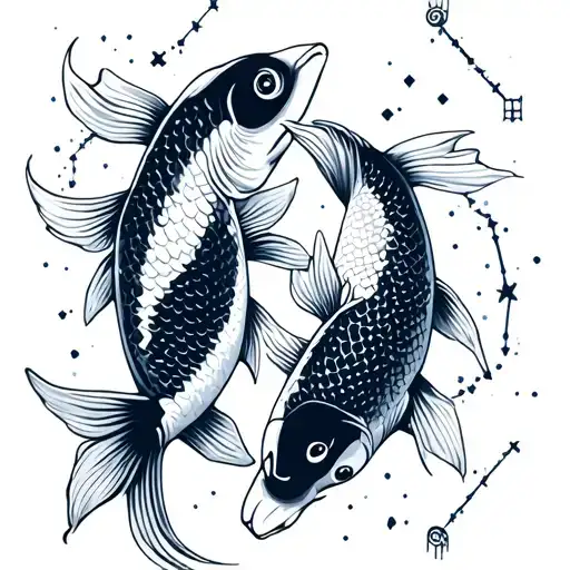 2 koi carp swimming opposite directions  with pisces constellation in the background  tattoo design idea