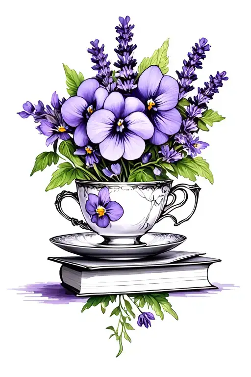 violets lavender books tea cup surrounded by blooming tattoo design idea